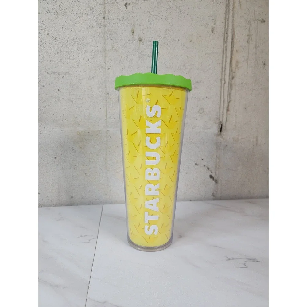 Starbucks 2014 Pineapple Cold Cup‎ Tumbler Venti 24oz Green Lid Yellow Rare